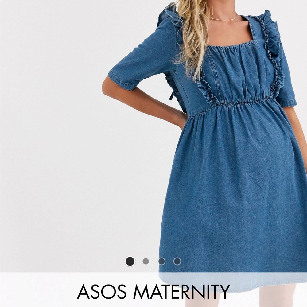 ASOS DESIGN Maternity denim square neck frill smock dress in blue, size US 4